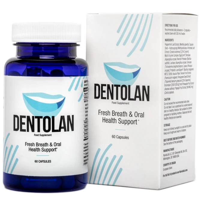 Confezione di Dentolan, integratore per eliminare l'alito cattivo e rinfrescare l'alito